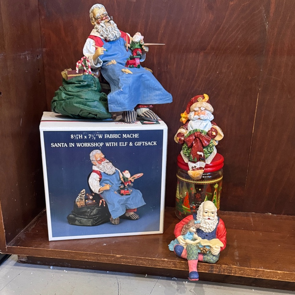Vintage Santa Claus Decor Figurines in Workshop with Elf & Giftsack Figurine Set